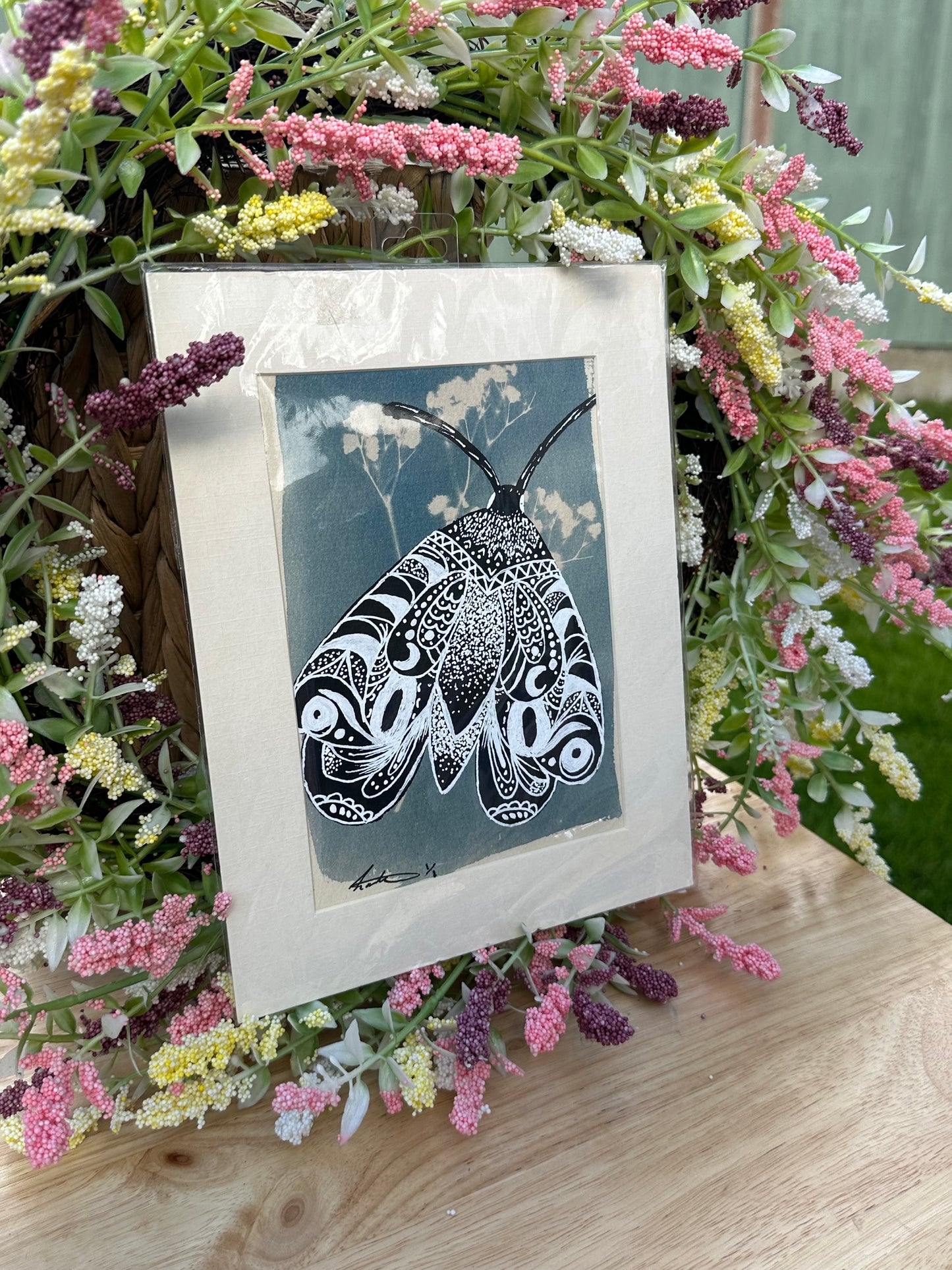 Original Cyanotype With Painted Moth