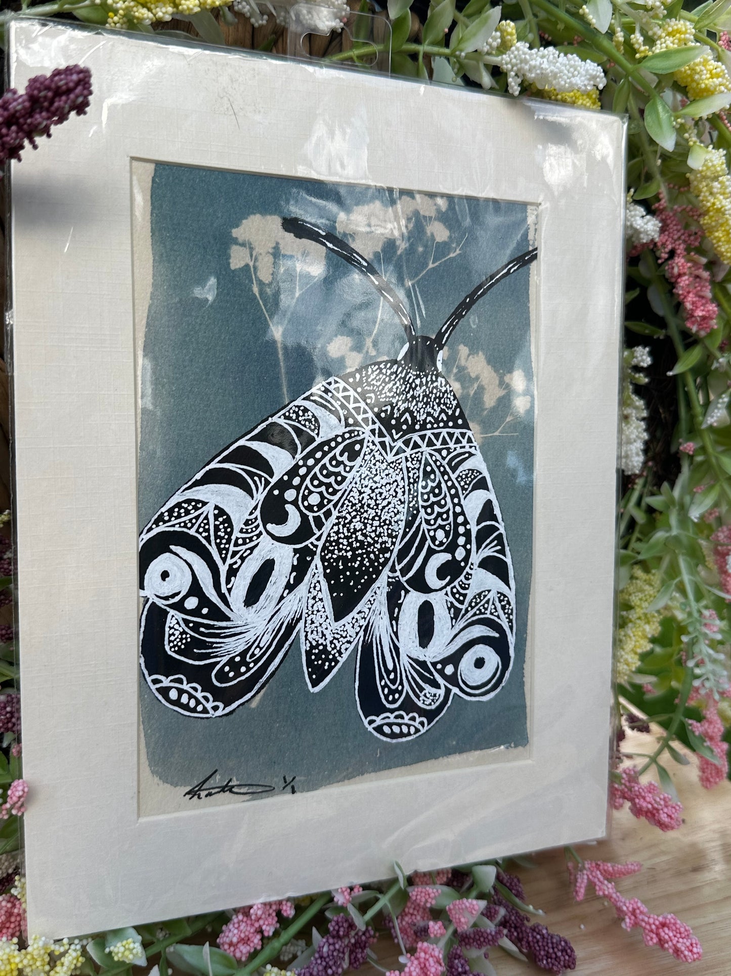 Original Cyanotype With Painted Moth