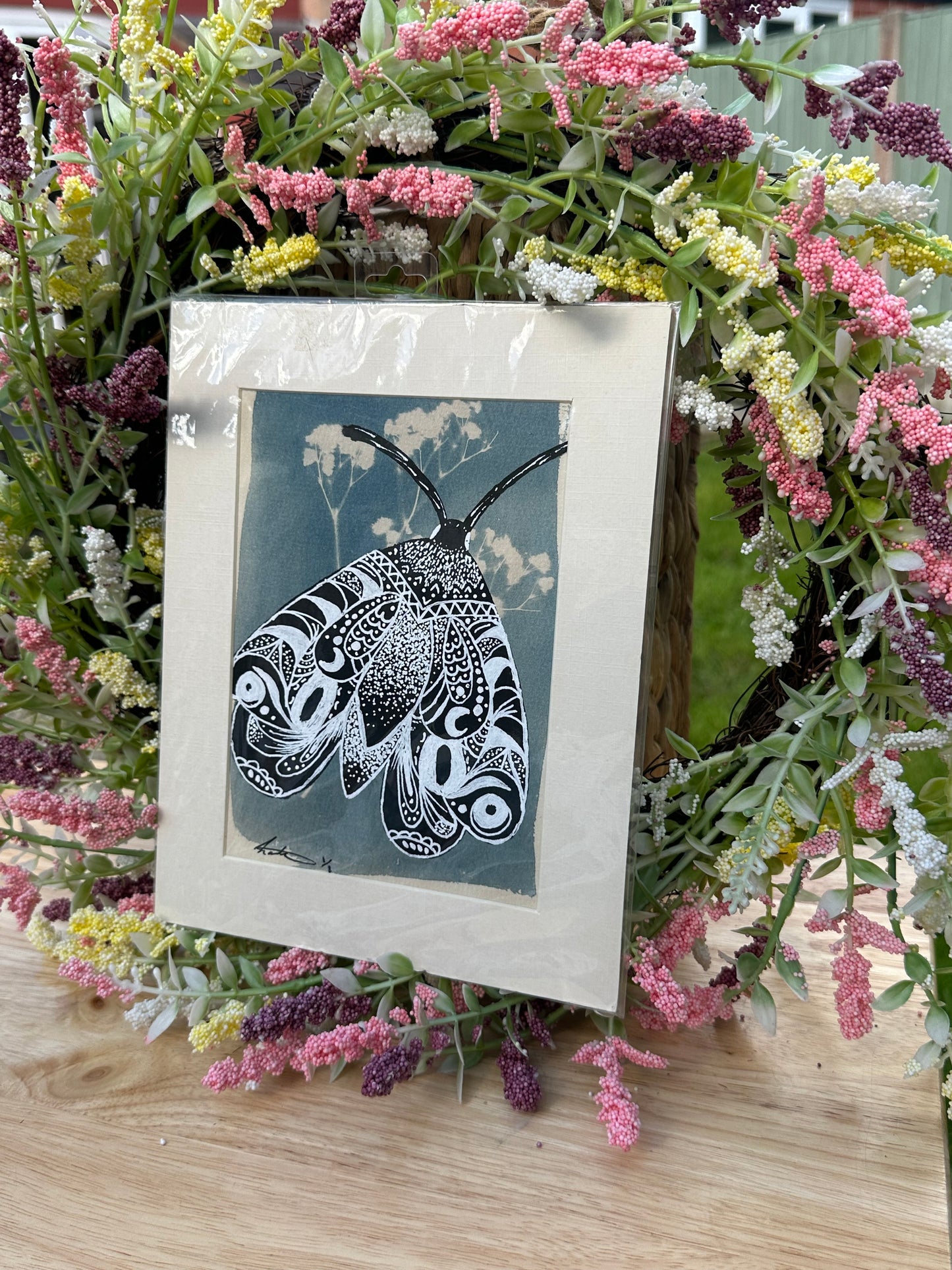 Original Cyanotype With Painted Moth