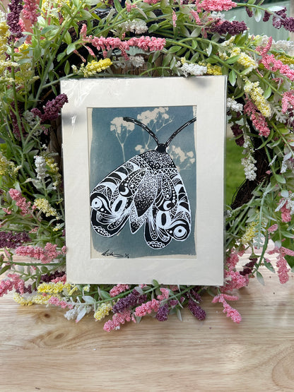 Original Cyanotype With Painted Moth