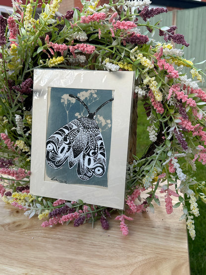 Original Cyanotype With Painted Moth