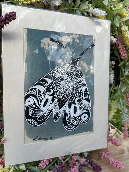 Original Cyanotype With Painted Moth